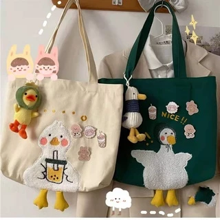 Túi xách vải canvas cỡ lớn thêu hình vịt dễ thương thời trang cho nữ