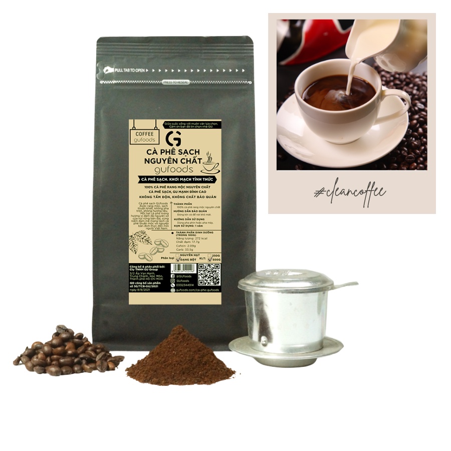 Cà phê sạch nguyên chất GUfoods (500g/250g/50g)