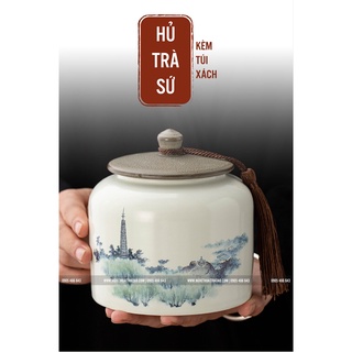 Hũ Trà Gốm Sứ Xanh Lam Mây - Binh Kèm Túi Vải Tiện Dụng - Bảo quản Trà, giữ hương thơm trà tốt