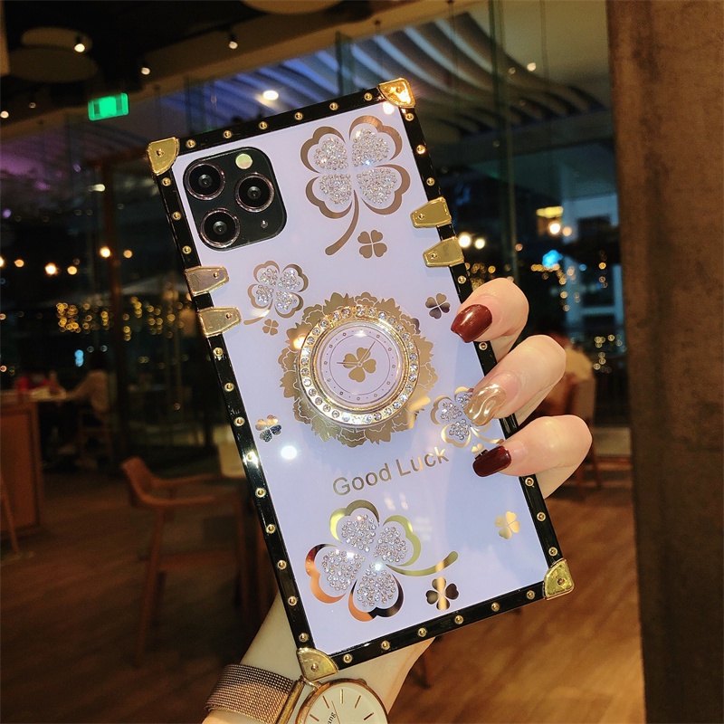 OPPO F11 A9 A9X F11PRO R17 F17 F19 PRO A5 A3S A7 A5S A12 A11K A8 A31 F9 F9PRO A7X FIND X3 PRO Thời Trang Sang Trọng Họa Tiết Cỏ Ba Lá Nhẫn Giá Đỡ Điện Thoại Vuông