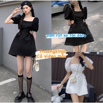 Váy tay bồng rút eo cut out lưng chun Váy hở lưng sexy tôn dáng phong cách Hàn Quốc