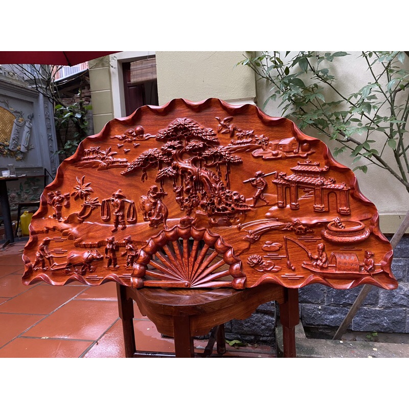 Tranh Quạt Gỗ Đồng Quê Kích Thước 60*120cm sơn pu cao cấp