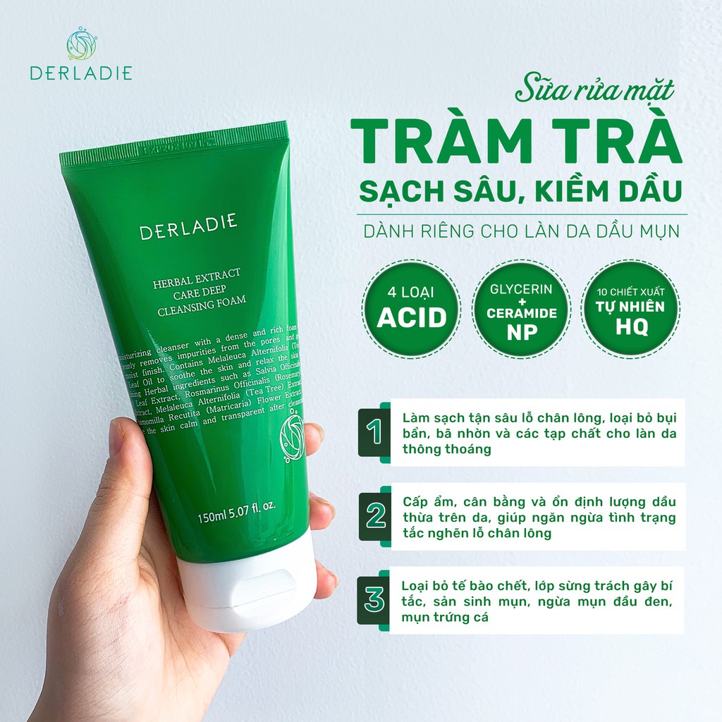 Ảnh Sữa Rửa Mặt Tràm Trà Sạch Sâu, Kiềm Dầu Derladie Herbal Extract Care Deep Cleansing Foam 3