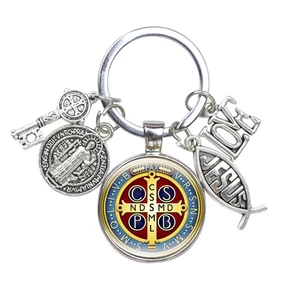 Saint Benedict Medallion Móc Chìa Khóa Thủ Công Mặt Kính In Hình Chúa JESUS Nghệ Thuật Làm Quà Tặng