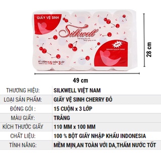 Giấy vệ sinh Silkwell Cherry đỏ cao cấp 3 lớp 15 cuộn Hàng chính hãng, giấy vệ sinh siêu dai cao cấp
