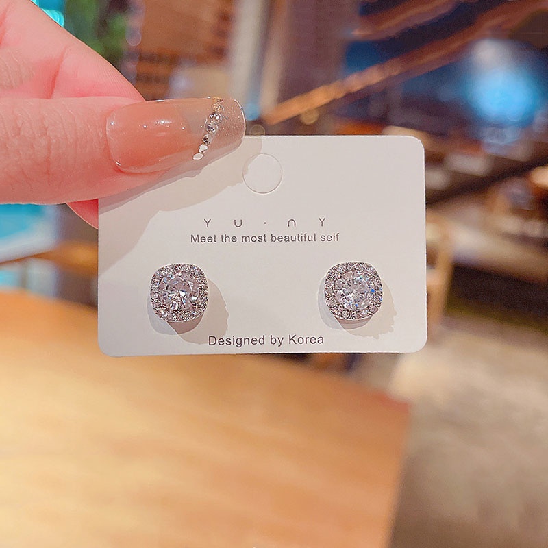 Shuling S925 kim bạc Zircon Khối Bông tai kim cương Bông tai bạc đơn giản cổ điển