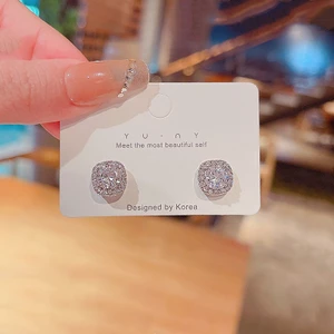 Shuling S925 kim bạc Zircon Khối Bông tai kim cương Bông tai bạc đơn giản cổ điển