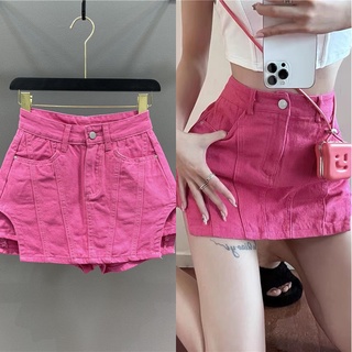 Hàng Có Sẵn Quần Short Jean Giả Váy Dáng Chữ A Lưng Cao Thời Trang Xuân Hè Màu Hồng Phong Cách Mới Dành Cho Bạn Nữ