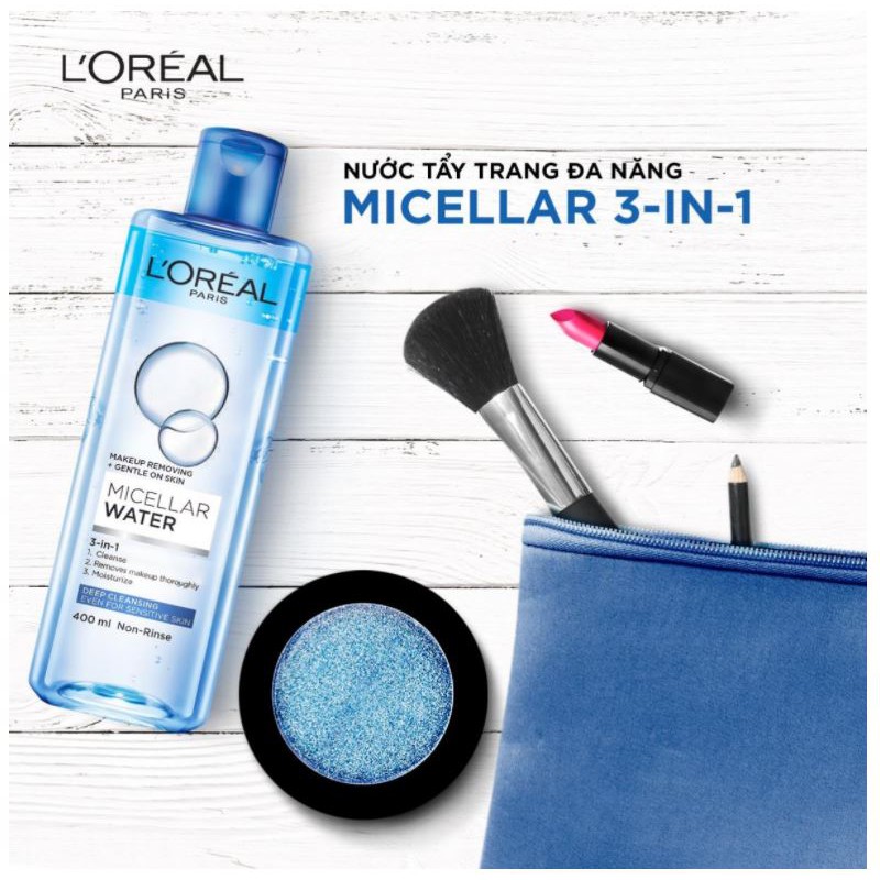 Nước tẩy trang làm sạch, dưỡng ẩm cho mọi loại da Loreal L’Oreal 3-in-1 Micellar Water 400ml