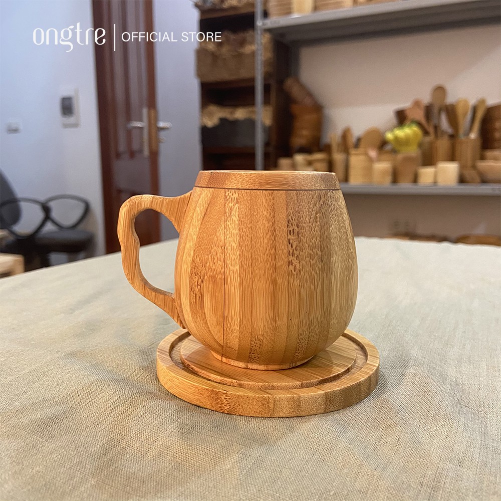 Bộ cốc Tre ONGTRE có quai và Lót ly uống Trà, Cà phê cao cấp, sang trọng