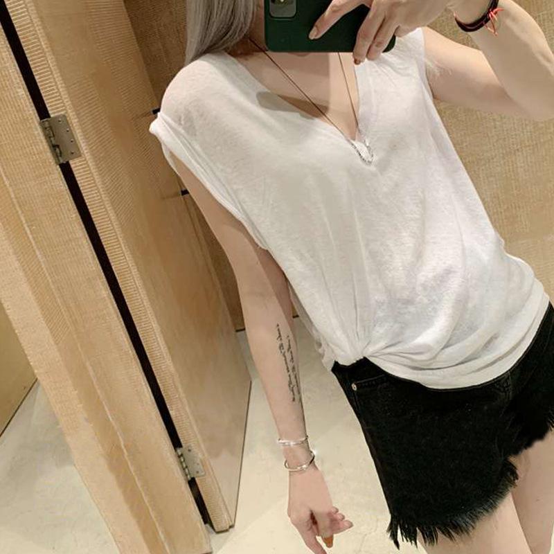 Milyfashion Mùa Hè Phong Cách Mới Kích Thước Lớn Cổ Chữ V Trắng Rời Mỏng Hơn Nhìn Không Tay T