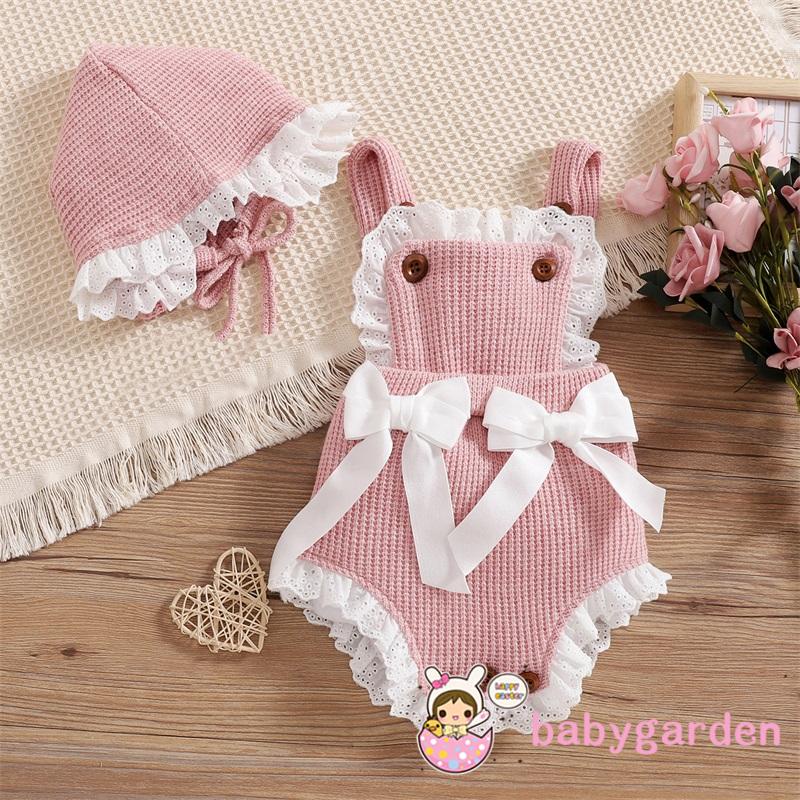 Set áo liền quần dệt kim sát nách phối bèo đính nơ màu sắc tương phản kèm mũ xinh xắn cho bé gái 0-18 tháng tuổi