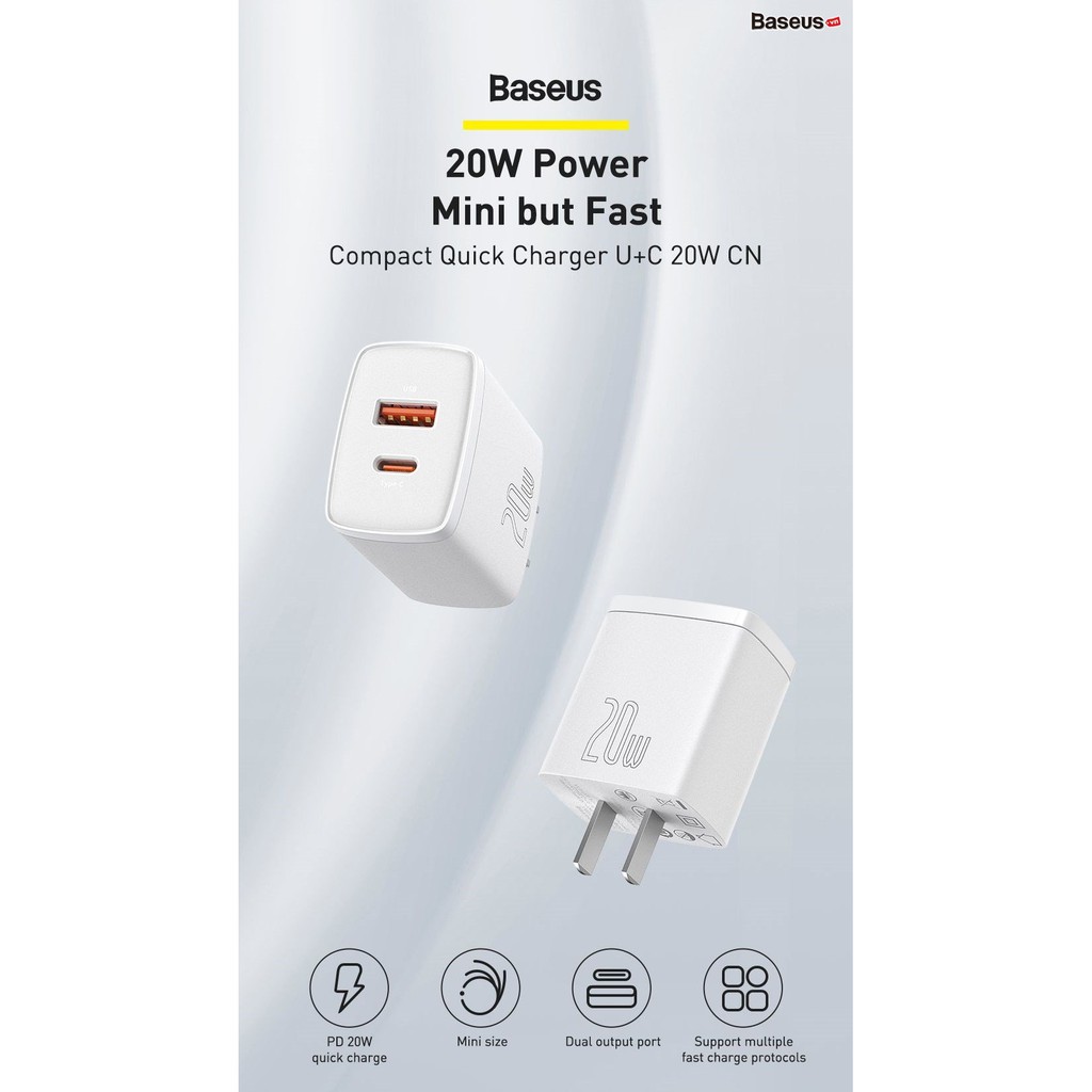 Ảnh Củ sạc nhanh Baseus Compact Quick Charger PD 20W 2 cổng ( USB + Type C Dual Port, QC 3.0, chân cắm US ) nhỏ gọn 2