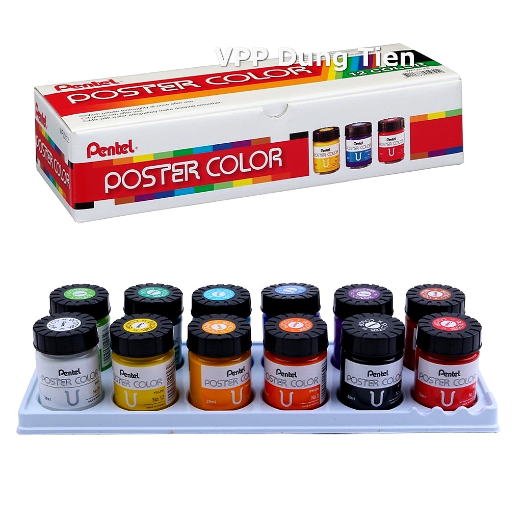 Màu poster Pentel, bộ 12 màu bột pha sẵn POSTER COLOR lọ thuỷ tinh 30ml ...