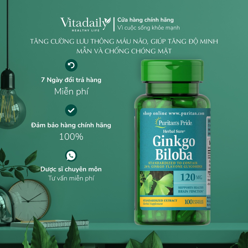 Viên Uống Hỗ Trợ Tuần Hoàn Não Bộ Puritans pride Ginkgo Biloba 120mg 100 Viên