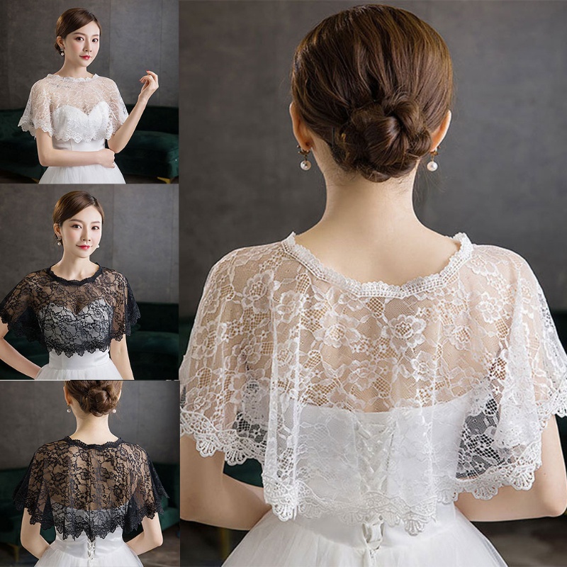 ❀❀Fine Khăn choàng che cổ tulle ren thêu hoa xuyên thấu nhún cao thấp trùm bolero cho cô dâu đám cưới