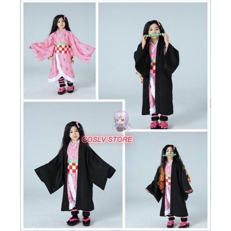 Anime Demon Slayer Cosplay Trẻ Em Kimono Kamado Nezuko Hóa Trang Tanjirou Kimetsu no Yaiba Nữ Hồng