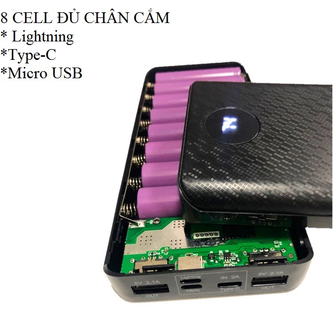 [MỚI-2019] Box sạc dự phòng 8 cell 3 đầu vào Lightning\Type C\Microusb, mạch sạc pin 18650, pin dự phòng