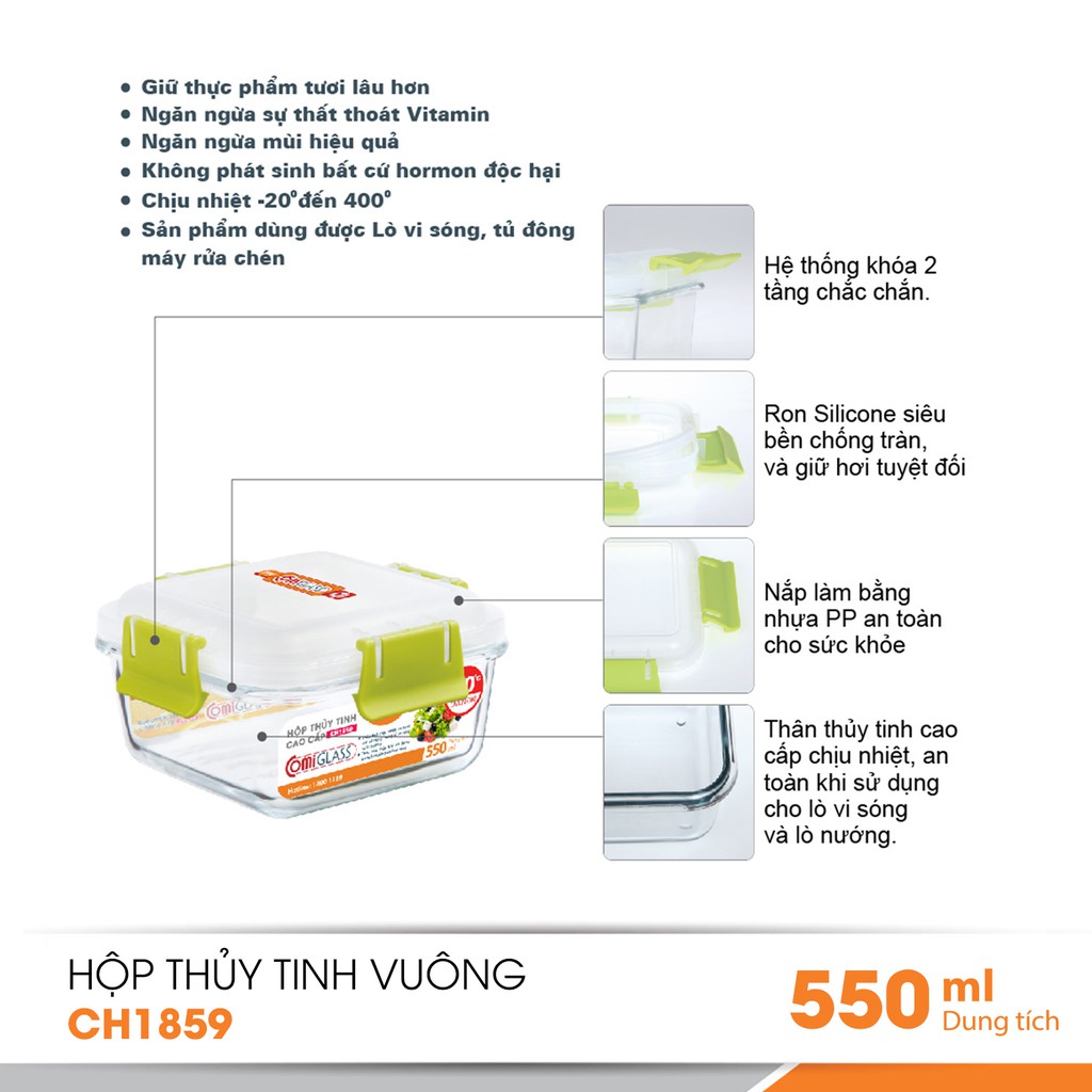 Combo 3 hộp thực phẩm thuỷ tinh  CH1859 - 550ml