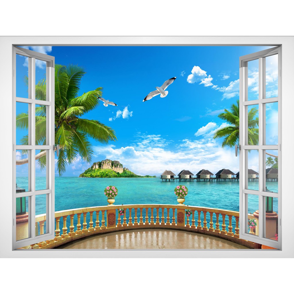 Tranh dán tường cửa sổ khung cảnh view biển đẹp | Shopee Việt Nam