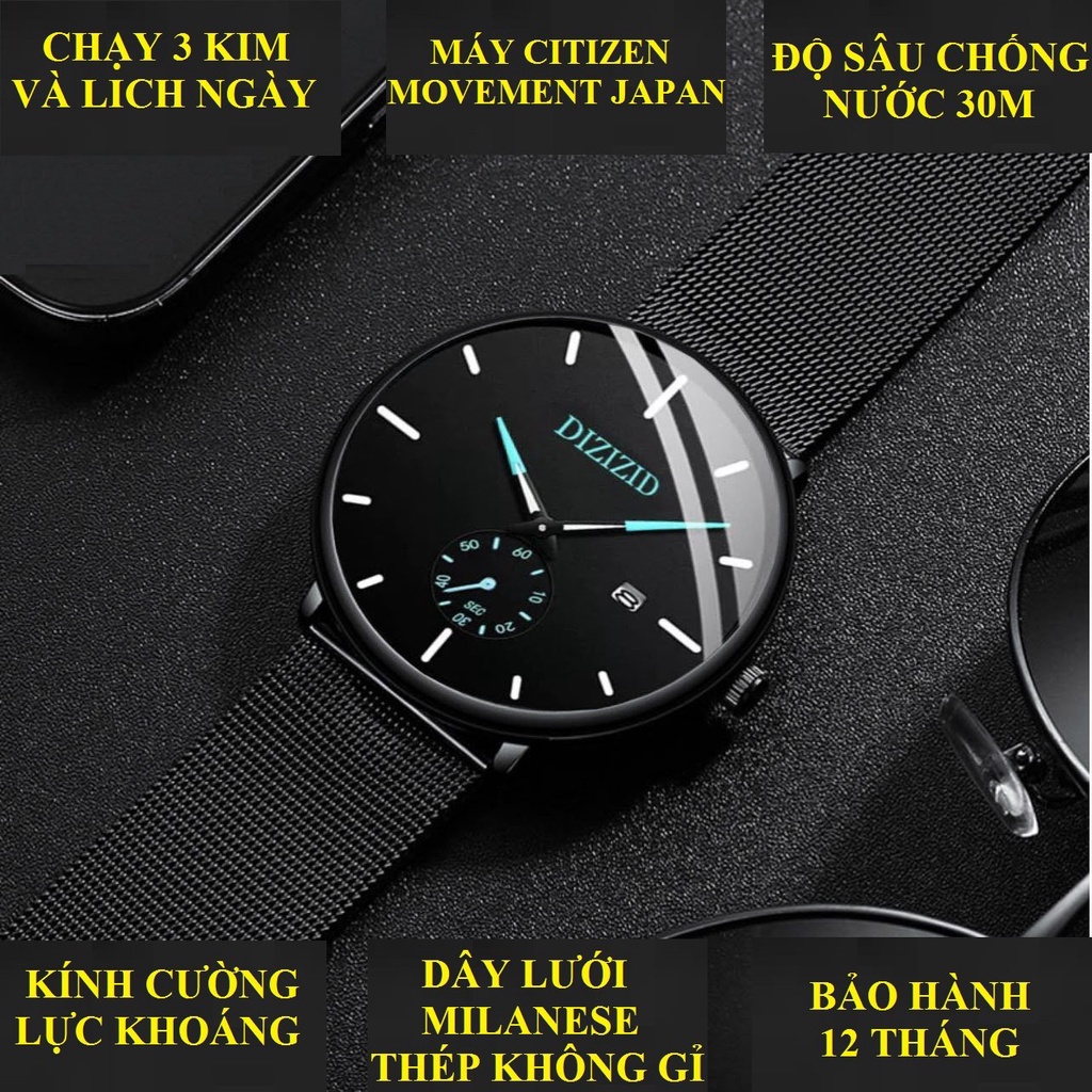 Đồng hồ nam cao cấp DIZIZID chính hãng dây thép lụa đen chạy Full kim ...