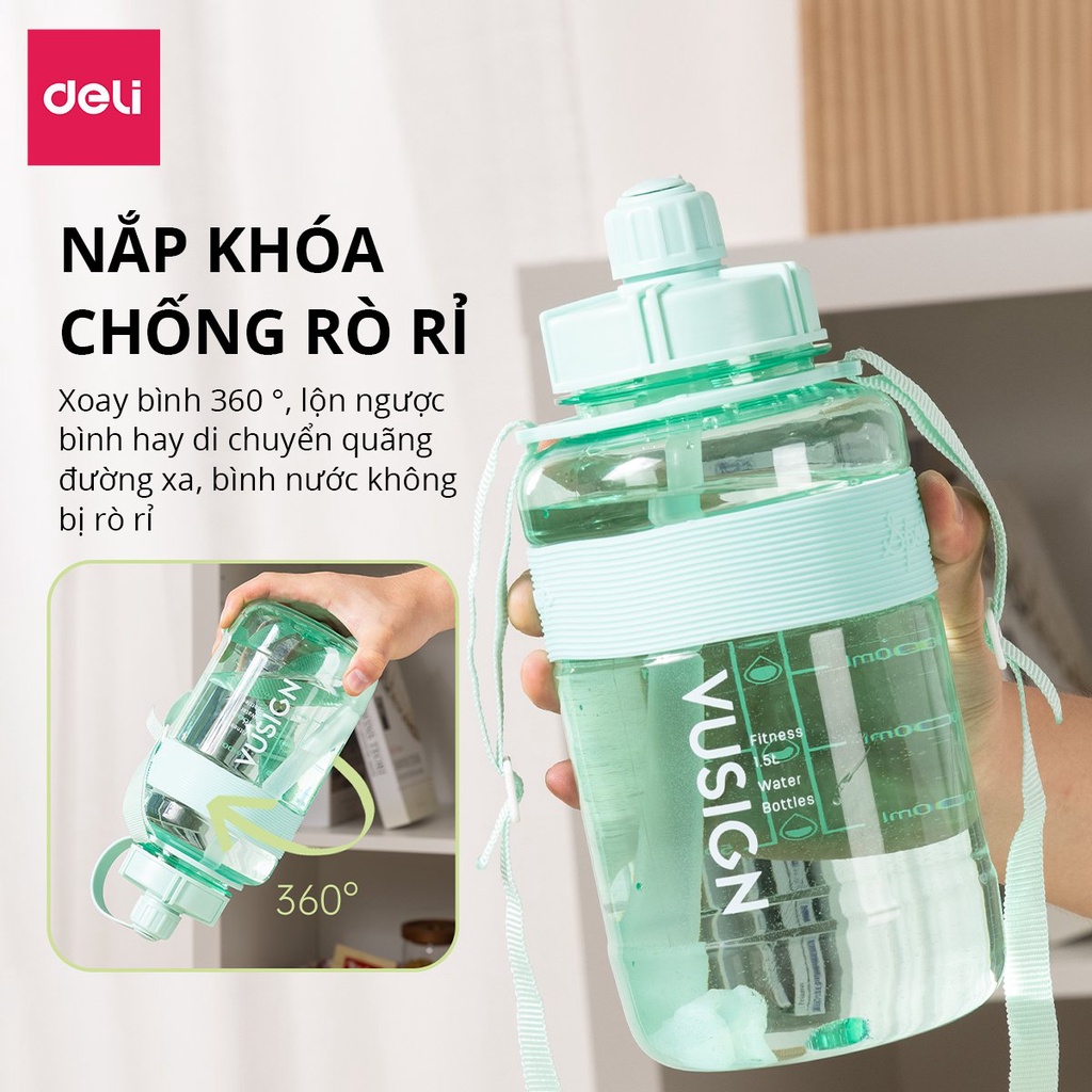 Bình nước 1.5 lít Deli - KHÔNG MÙI NHỰA, THIẾT KẾ MỚI, AN TOÀN với sức khoẻ có giấy kiểm định chất lượng