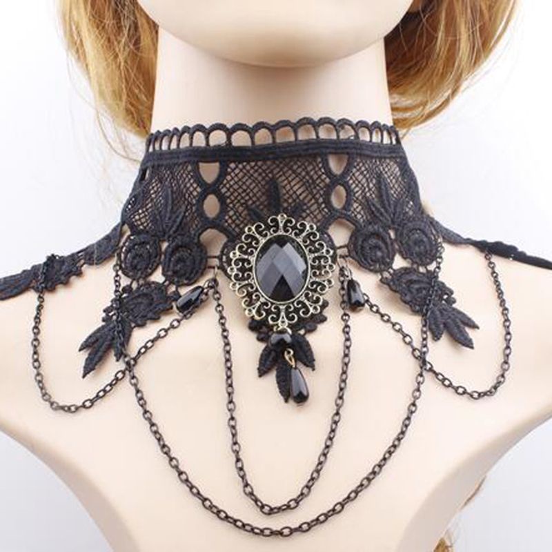 Dasbsug Gothic Pha Lê Đen Ren Cổ Choker Hip Hop Cổ Vòng Cổ Xương Đòn Dây Chuyền