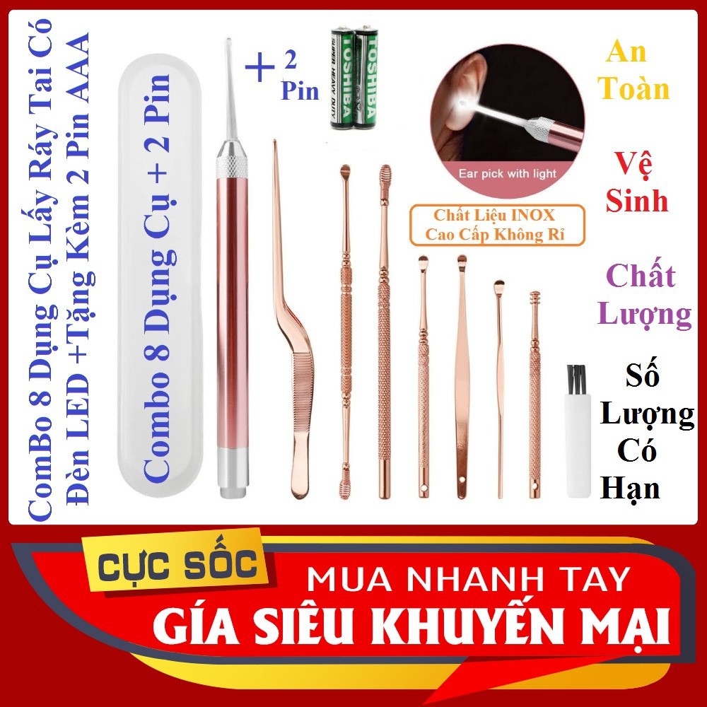 Bộ 8 Dụng Cụ Lấy Ráy Tai INOX Có Đèn LED Màu Vàng Hồng Chất Lượng Cao ...