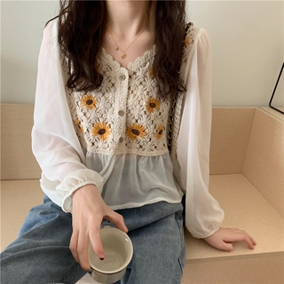 Áo Dệt Kim Nữ Tay Dài Phối Ren Phong Cách Hàn Quốc baju baju wanita Lenan panjang