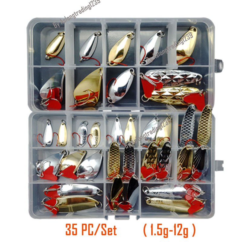 SHINOBASS 35 Cái / lô Muỗng Kim Loại Mồi Câu Cá 1.5g-12g Kích Thước Hỗn Hợp Treble Móc Mồi Cứng Bass Cá Hồi Mực Jig Phụ Kiện + Hộp