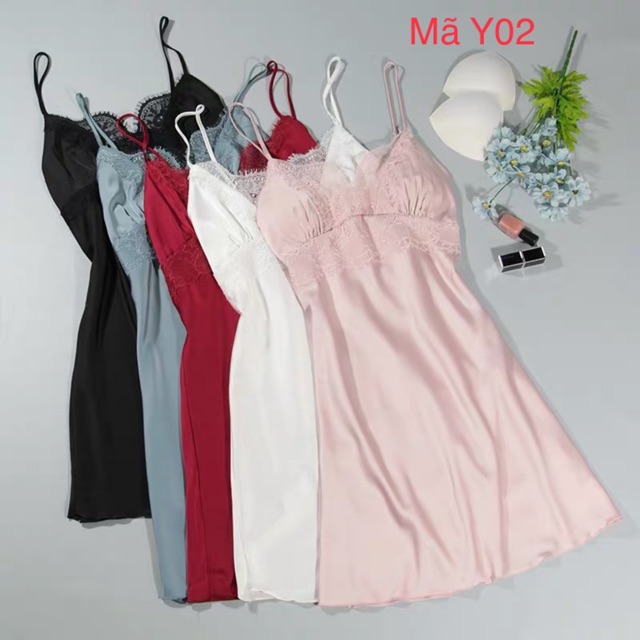 Váy ngủ lụa phối ren cao cấp 2 dây điều chỉnh , kèm mút ngực