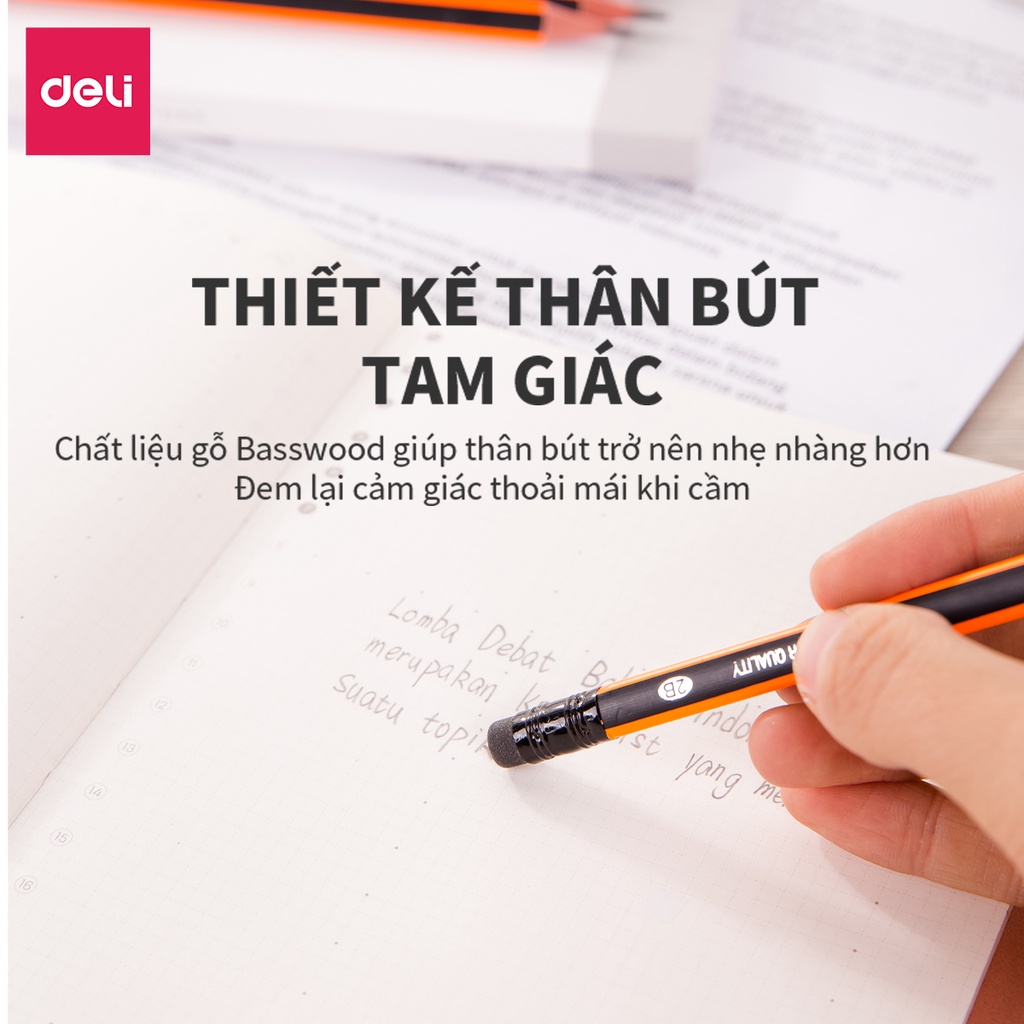 Bút Chì 2B Kèm Đầu Tẩy Deli Sọc Cam - Chì Đen Đậm, Dễ Tẩy Cho Học Sinh Dân Văn Phòng Ghi Chép Takenote Tập Viết Vẽ Tranh