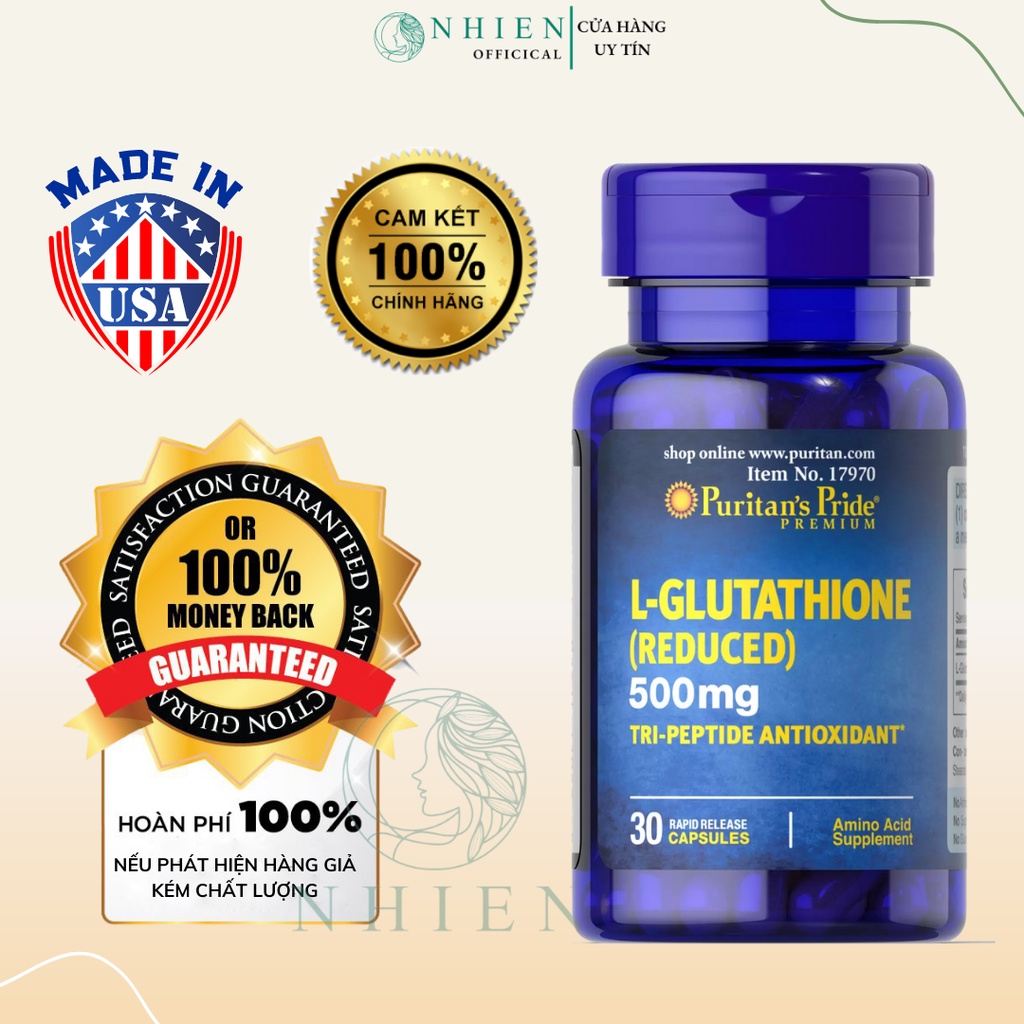 puritan's pride l-glutathione Viên uống L-Glutathione 500mg trắng da, sáng da Puritan's Pride 30 viên