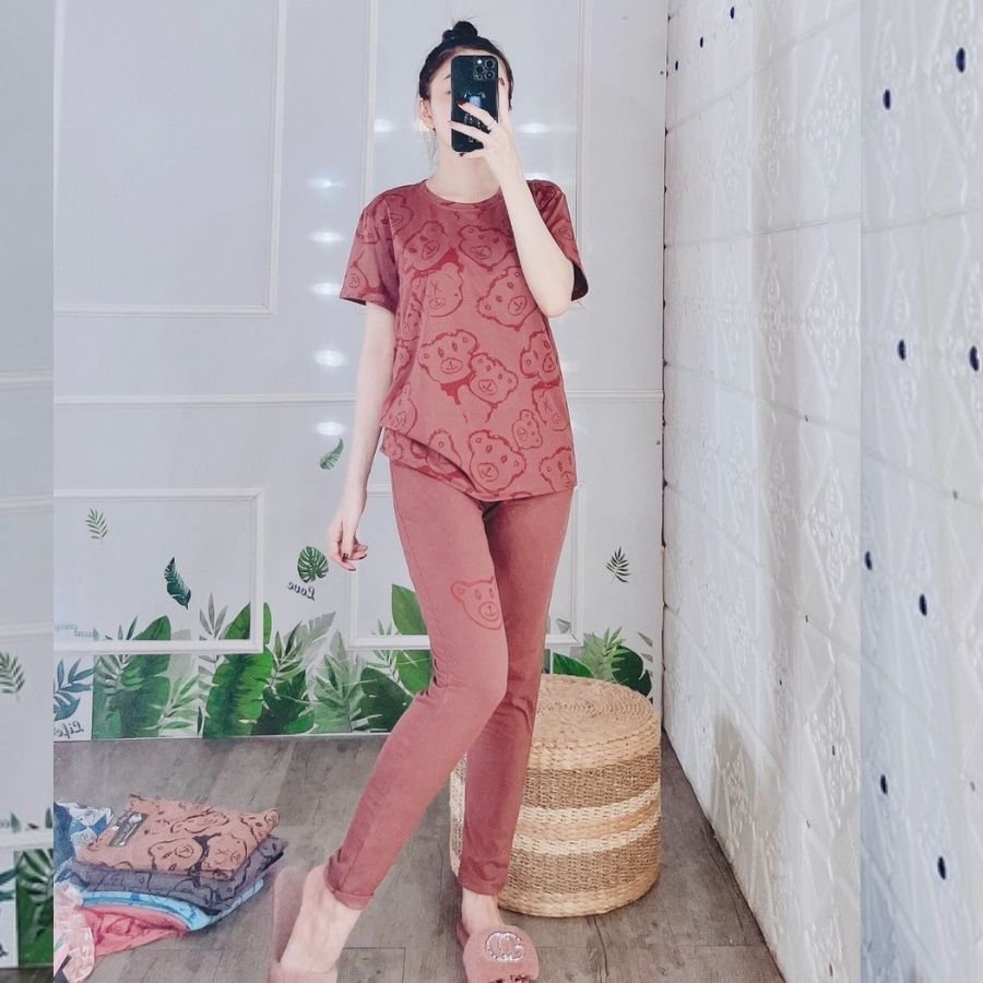 Đồ Bộ Nữ Bigsize 43-85kg Thun Cotton Quần Dài In Gấu Dễ Thương Mặc Nhà Mùa Hè Trung Niên ESHOP DB17