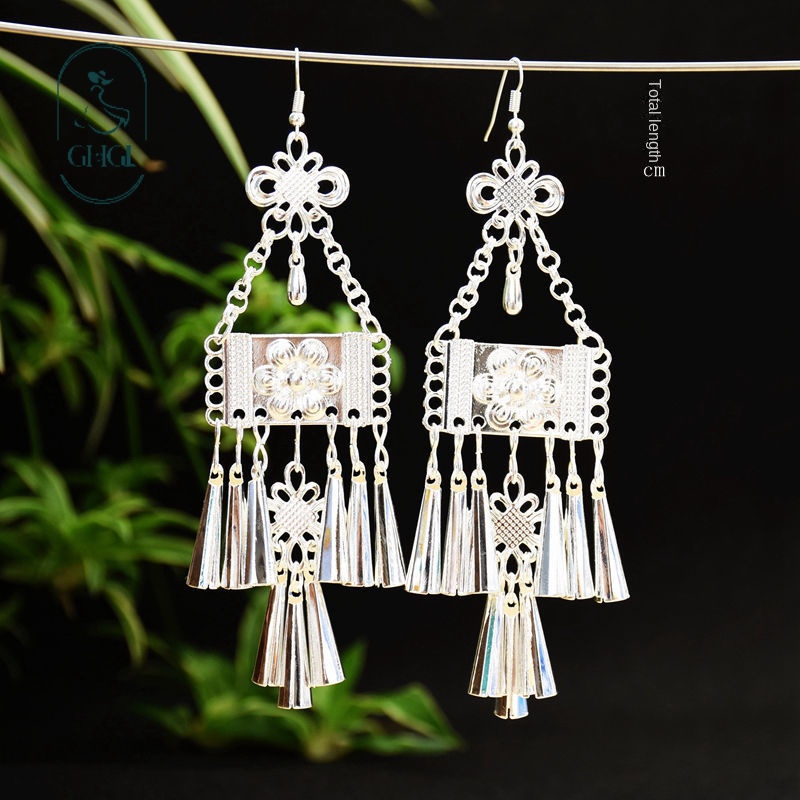 GHGl Đa Dạng Retro Miaodong Hoa Bạc Bông Tai Tua Rua Lụa Phong Cách Dài Sang Trọng Phù Hợp Với Mọi Trận Đấu Có Thể Thay Đổi Mà Không Cần Xuyên Tai Kẹp