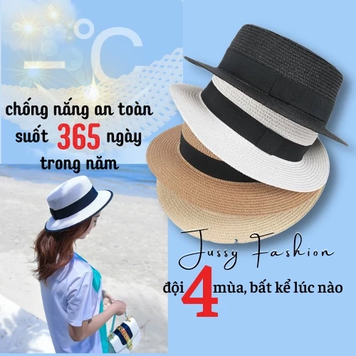 Mũ Cói Nữ Rộng Vành Đi Biển Boater JCB01 Jussy Official Chất Cói Vành Rộng Nhiều Màu Vintage