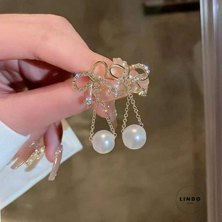 LD45 Bông Tai Nơ Dáng Dài Trân Châu LINDO, Bông Tai Thời Trang Phong Cách Hàn Quốc Thích Hợp Đi Chơi, Dự Tiệc