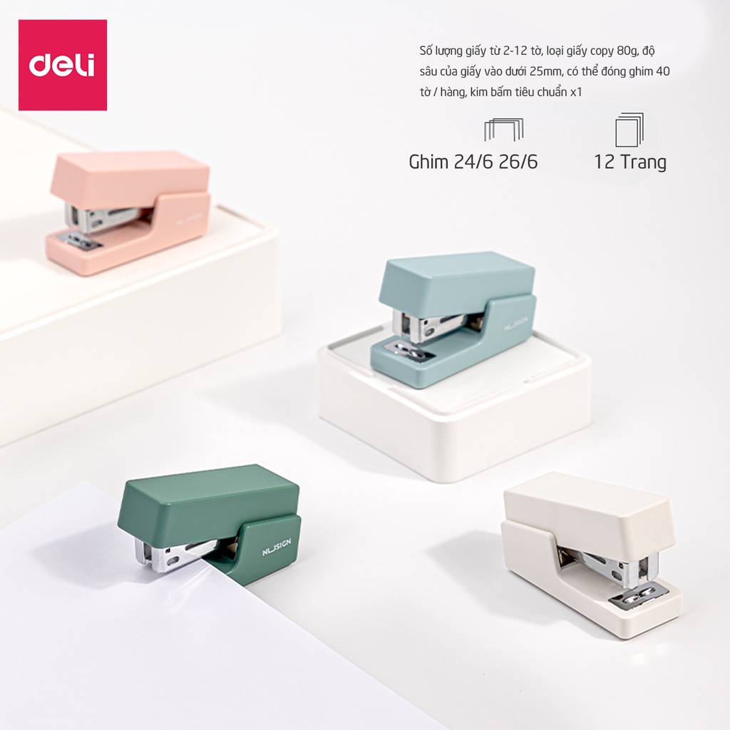 Dập Ghim Học Sinh Văn Phòng Mini Deli 12 Trang Tiện Lợi Màu Pastel Tươi Sáng Sử Dụng Ghim 24/6 & 26/6 - Tặng 1 Hộp Ghim