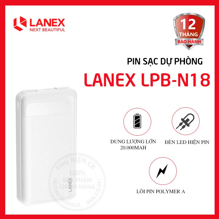 Pin dự phòng Lanex LPB-N18 20000mah 2 cổng USB 2.1A có đèn led hàng ...