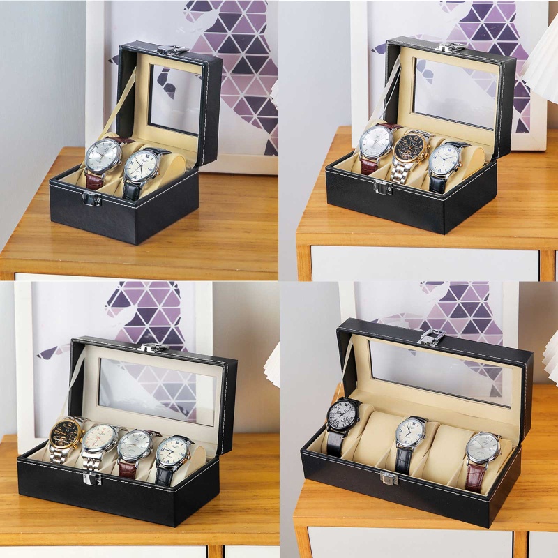 Dasbsug 2 3 4 5 Khe Cắm Hộp Đồng Hồ Da PU Có Thể Khóa Màn Hình Đồng Hồ Hộp Bảo Quản Có Kính Top Trang Sức Có Thể Điều Chỉnh Organiz