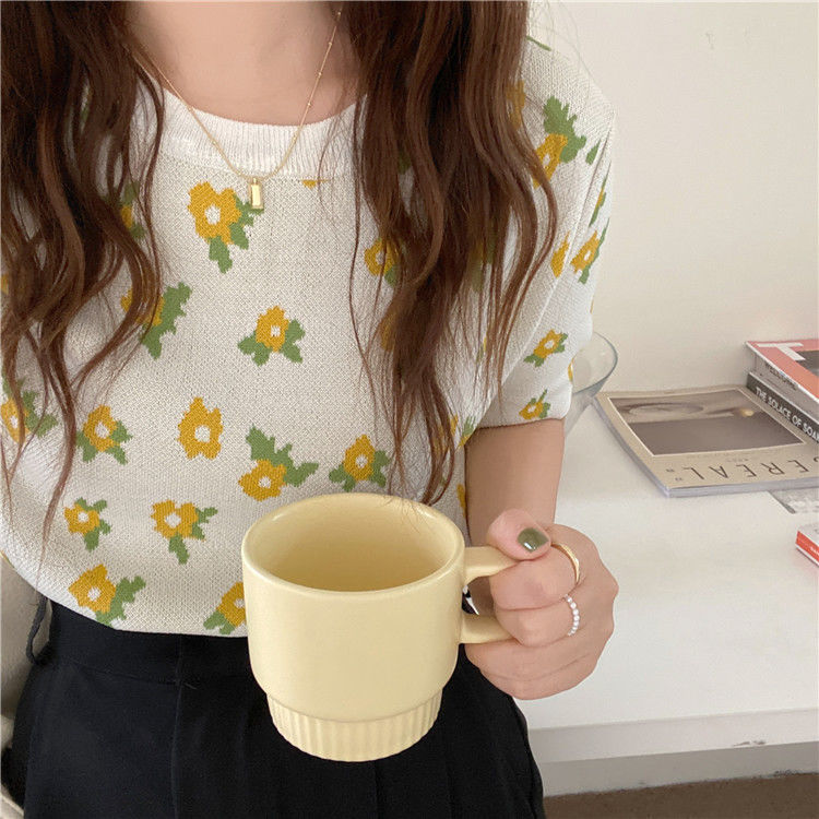 SUXI Áo tay ngắn họa tiết hoa vintage phong cách Hàn Quốc dành cho nữ