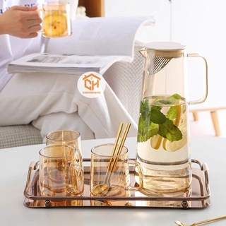 Khay Úp Ấm Chén Bình Cốc 4 Bi Chữ Nhật Mạ Vàng Tráng Gương Cam Homeware