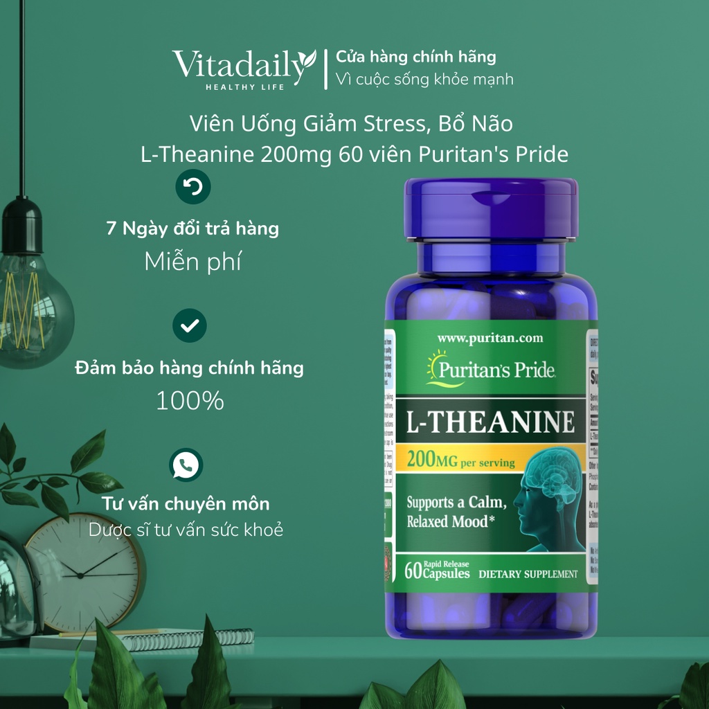 Viên Uống Giảm Stress, Bổ Não L-Theanine 200mg 60 viên Puritan's Pride