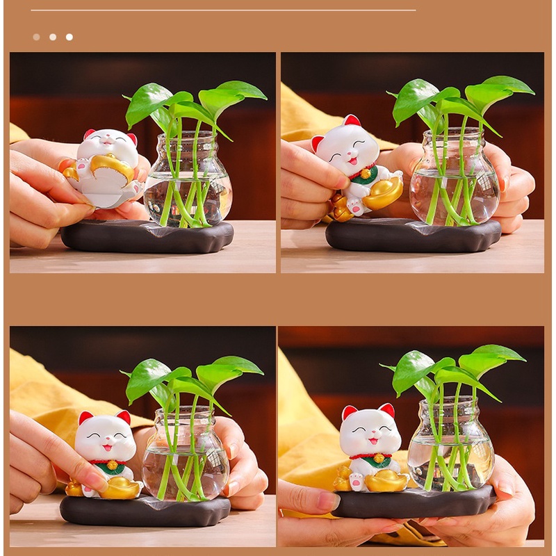 Bộ decor Mèo thần tài may mắn kết hợp cùng bình thủy sinh trang trí nhà, bàn làm việc góc học tập giúp mang lại may mắn