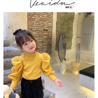 Áo dài tay phồng điệu ngực đính tag hoa xinh bé gái