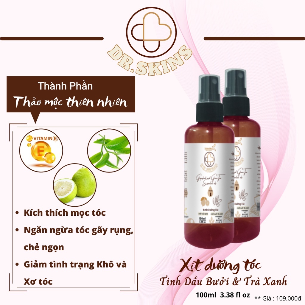 Xịt dưỡng tóc tinh dầu vỏ bưởi, trà xanh 100ml DR.SKINS