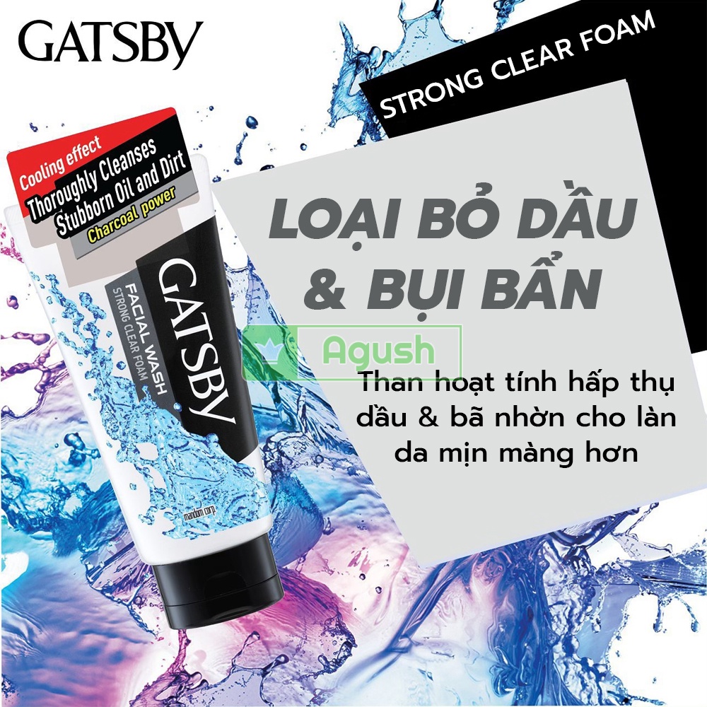 Sữa rửa mặt nam giới da dầu mụn chính hãng Gatsby Facial Wash Strong Clear Foam chai 130g than hoạt tính tạo bọt giá rẻ