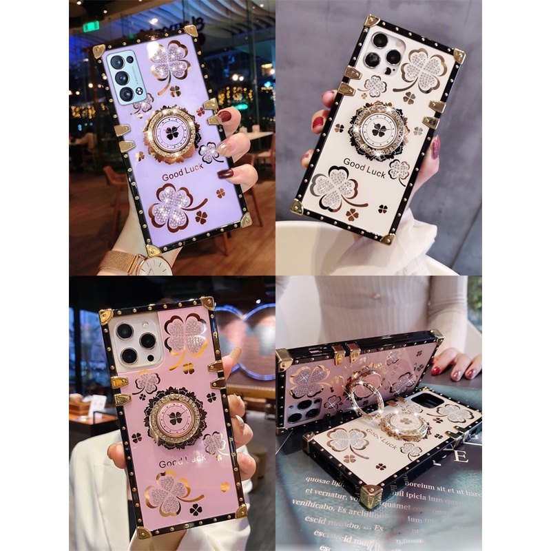OPPO F11 A9 A9X F11PRO R17 F17 F19 PRO A5 A3S A7 A5S A12 A11K A8 A31 F9 F9PRO A7X FIND X3 PRO Thời Trang Sang Trọng Họa Tiết Cỏ Ba Lá Nhẫn Giá Đỡ Điện Thoại Vuông