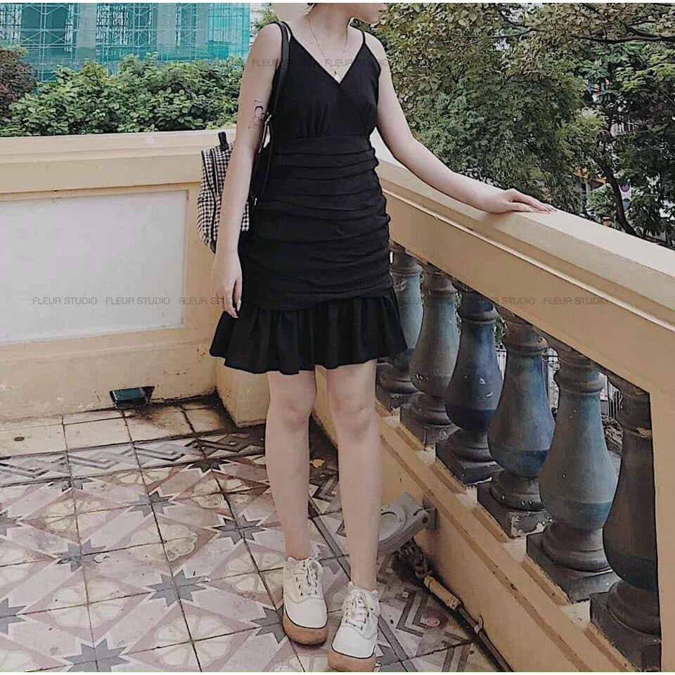 ĐẦM DÂY ĐEN XẾP LY PHẦN THÂN - FIORE DRESS