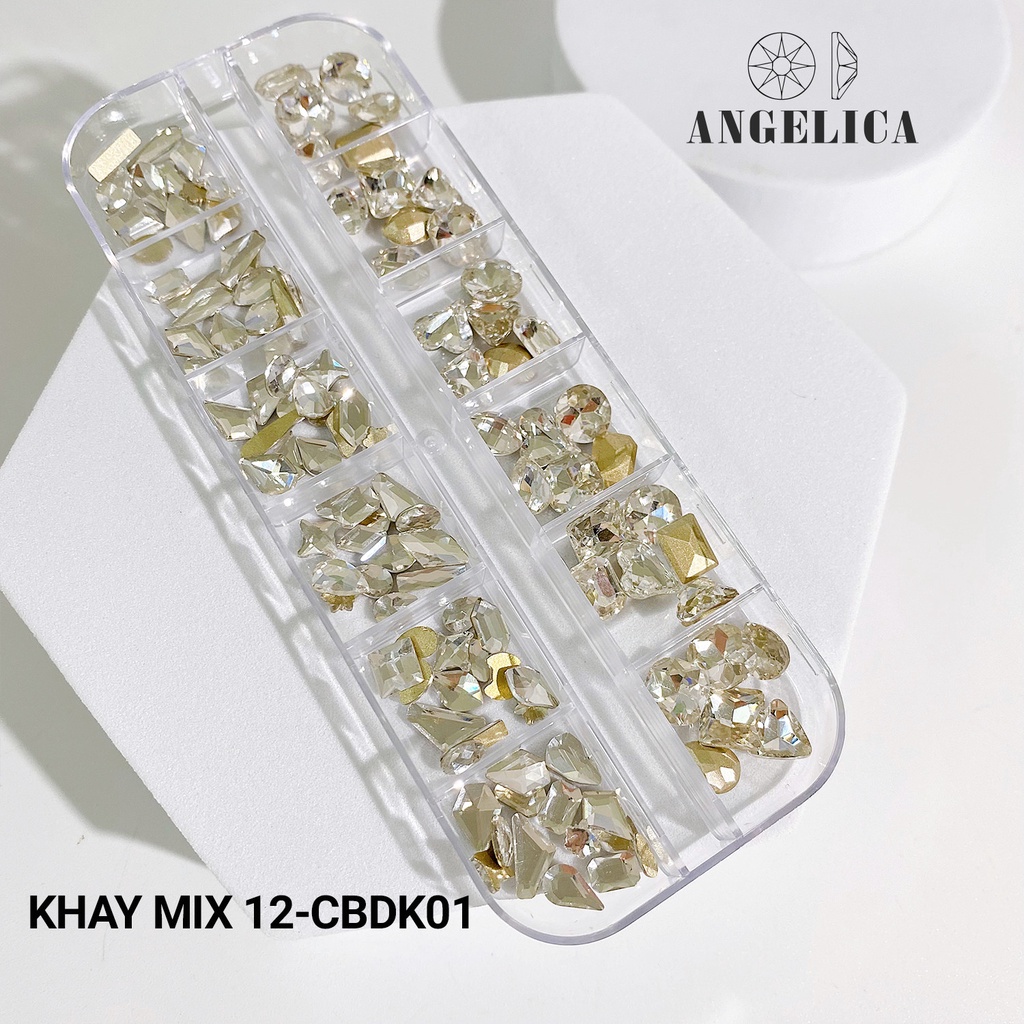 Khay 105v đá khổi mix đá chân bằng đính nail 7 màu trang trí móng ANGELICA M12-CBDK